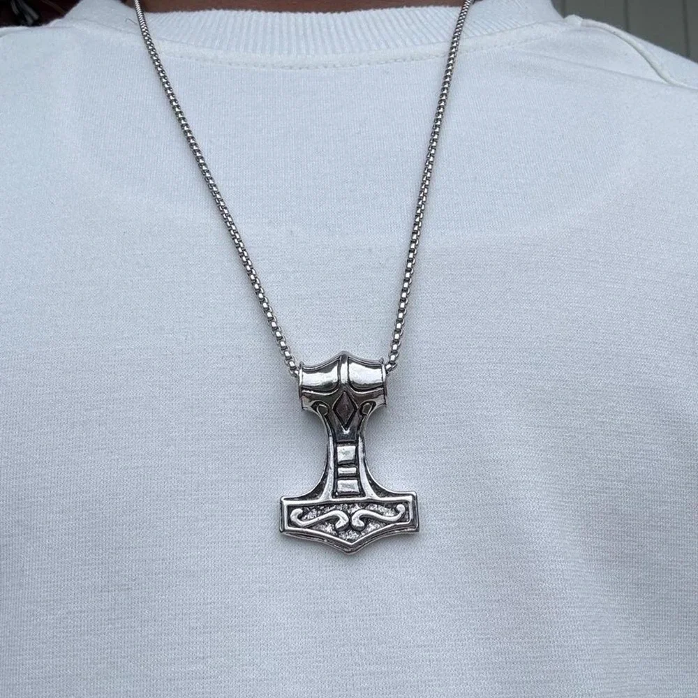 Silver Thor Hammer Mjolnir Pendant Necklace Norse Jewelry 24 Inch Chain Mens